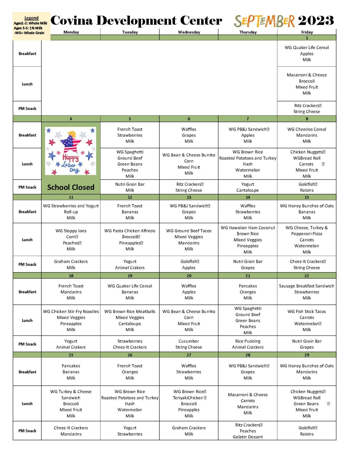 Meal Calendar – Covina Development Center